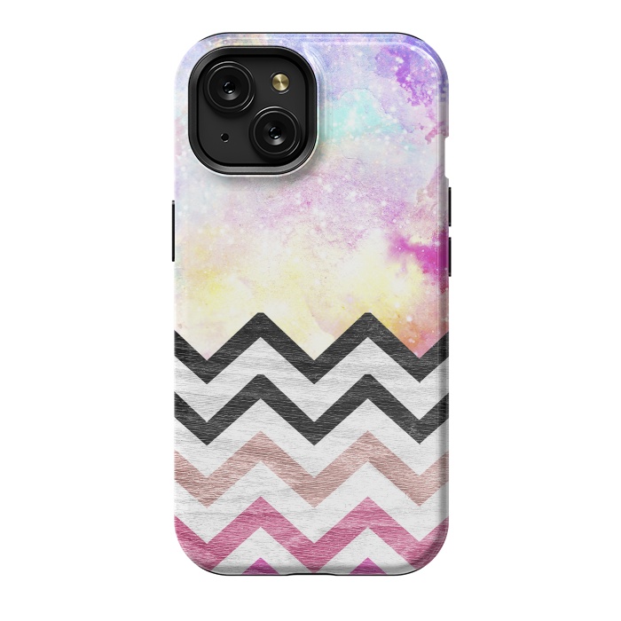 iPhone 15 StrongFit SC Watercolor Nebula Space Pink ombre Wood Chevron by Girly Trend