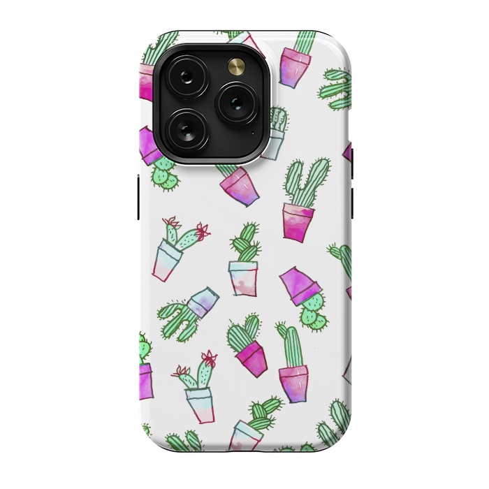 iPhone 15 Pro StrongFit Whimsical Hand Drawn cactus pattern  by Girly Trend