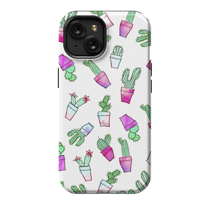 iPhone 15 StrongFit Whimsical Hand Drawn cactus pattern  by Girly Trend