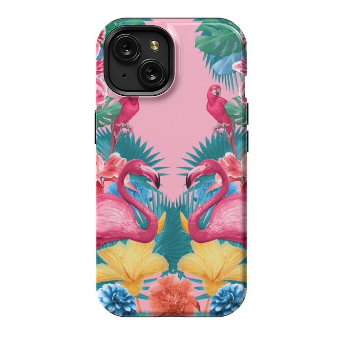 iPhone 15 StrongFit Flamingo and Tropical garden by Burcu Korkmazyurek
