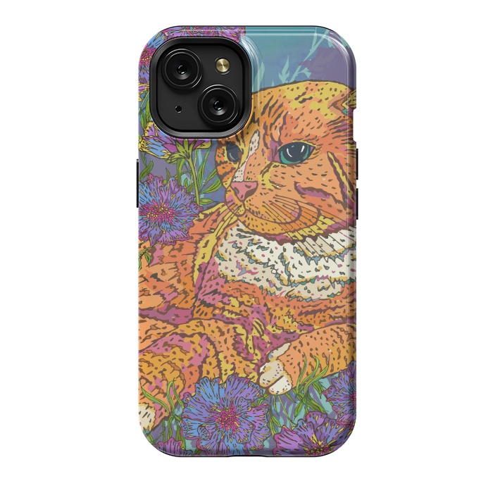 iPhone 15 StrongFit Ginger Cat in Flowers by Lotti Brown