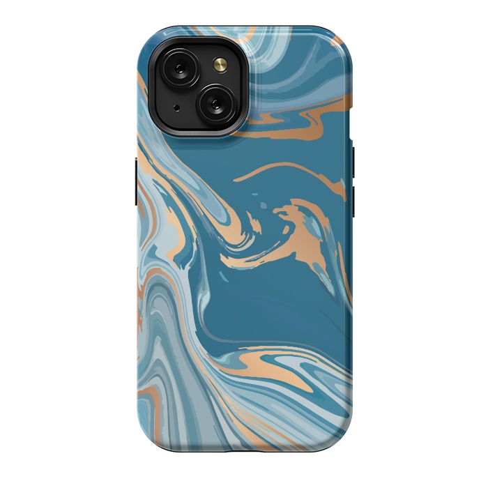 iPhone 15 StrongFit Liquid Blue Marble and Gold 014 by Jelena Obradovic