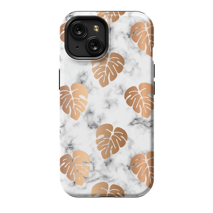 iPhone 15 StrongFit Golden Monstera on Marble Pattern 048 by Jelena Obradovic