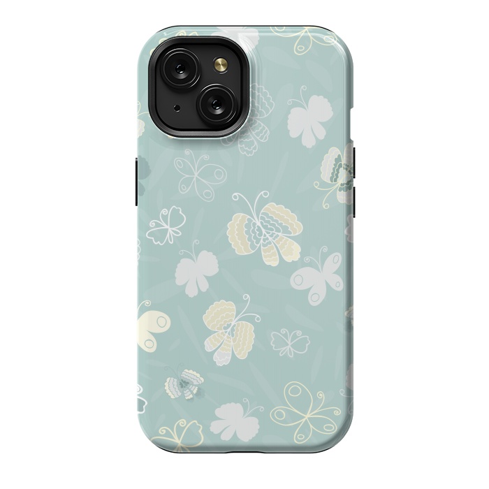 iPhone 15 StrongFit Pretty Yellow and White Butterflies on Teal by Paula Ohreen