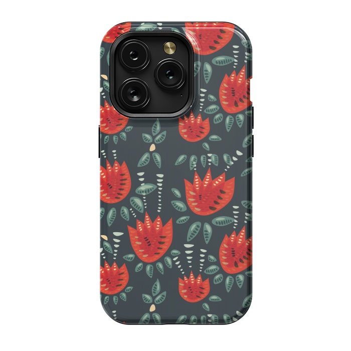 iPhone 15 Pro StrongFit Red Tulips Dark Floral Pattern by Boriana Giormova