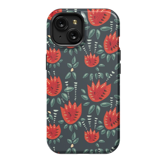 iPhone 15 StrongFit Red Tulips Dark Floral Pattern by Boriana Giormova