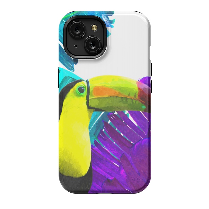 iPhone 15 StrongFit Tropical Toucan Palm Leaves by Alemi