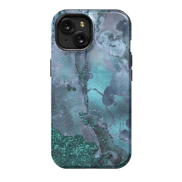 iPhone 15 StrongFit Blue and Teal Ink Glitter Marble by  Utart