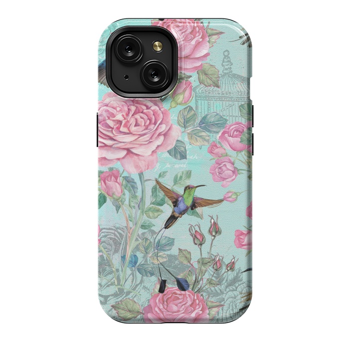 iPhone 15 StrongFit Vintage Roses and Hummingbirds by  Utart