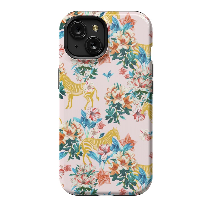 iPhone 15 StrongFit Floral and Zebras by Uma Prabhakar Gokhale