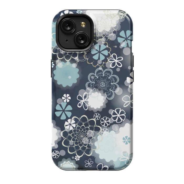 iPhone 15 StrongFit Lacy Flowers on Dark Blue by Paula Ohreen