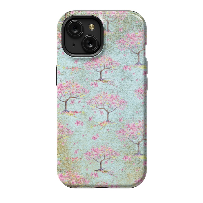 iPhone 15 StrongFit Shiny Teal Spring Metal Cherry Blossom Tree Pattern by  Utart