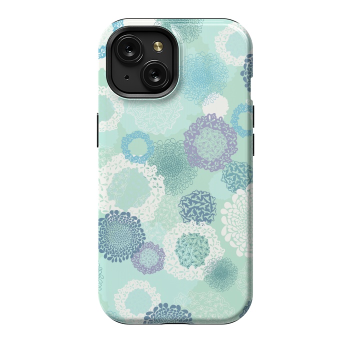 iPhone 15 StrongFit Doily Flowers on Teal by Paula Ohreen