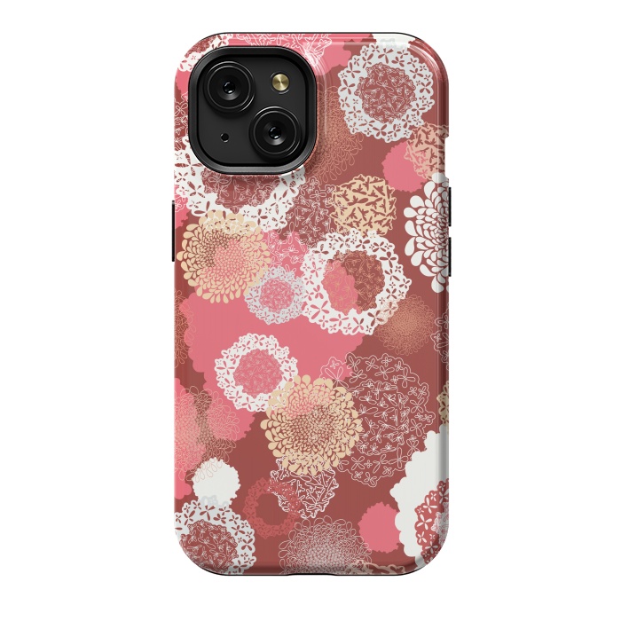 iPhone 15 StrongFit Doily Flowers on Red by Paula Ohreen