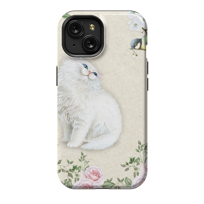 iPhone 15 StrongFit Kitty Welcomes Bird by Creativeaxle