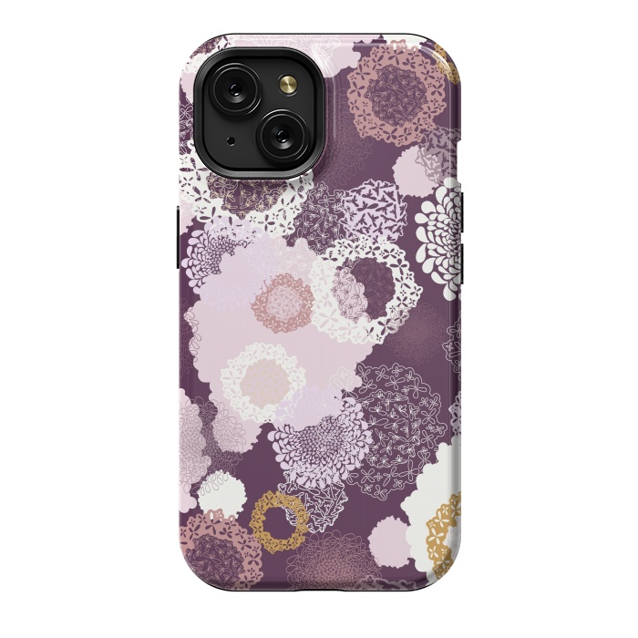iPhone 15 StrongFit Doily Flowers on Purple by Paula Ohreen