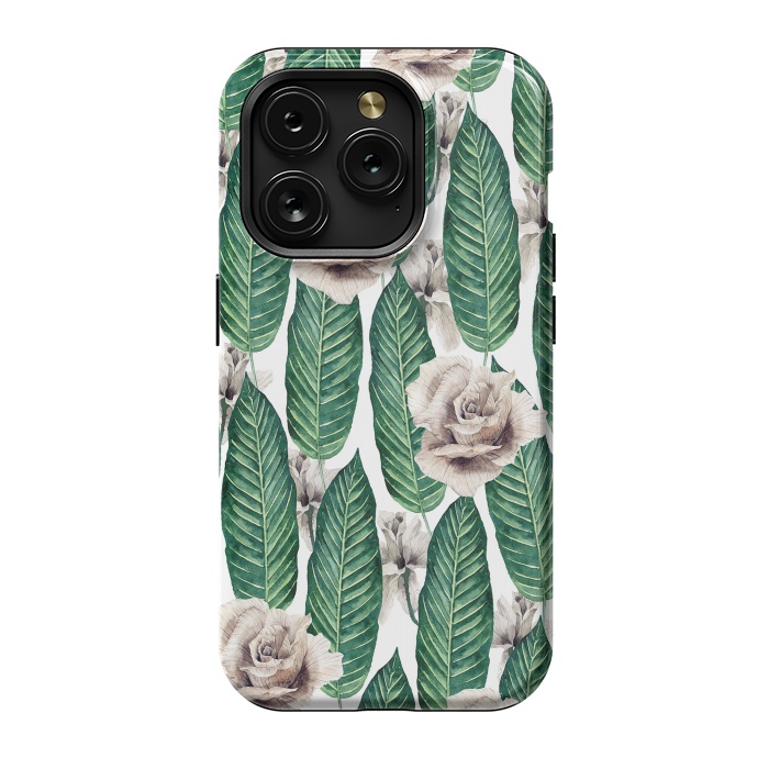 iPhone 15 Pro StrongFit Tropical leaves and white roses by Mmartabc