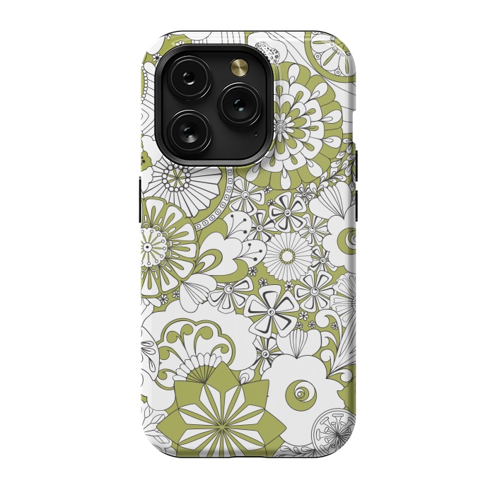 iPhone 15 Pro StrongFit 70s Flowers - Green and White by Paula Ohreen