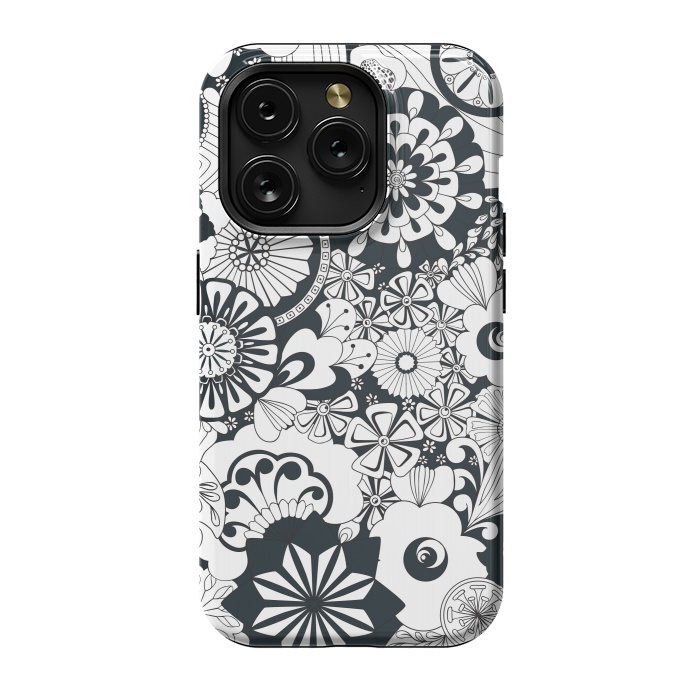 iPhone 15 Pro StrongFit 70s Flowers - Navy and White by Paula Ohreen