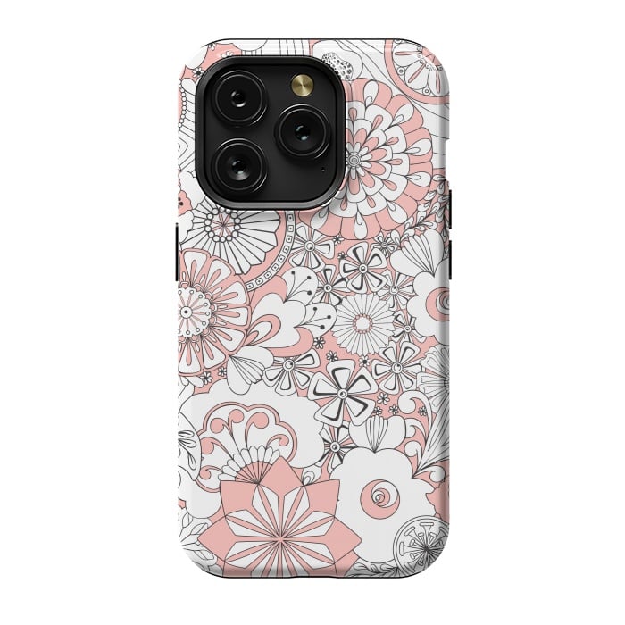 iPhone 15 Pro StrongFit 70s Flowers - Baby Pink and White by Paula Ohreen