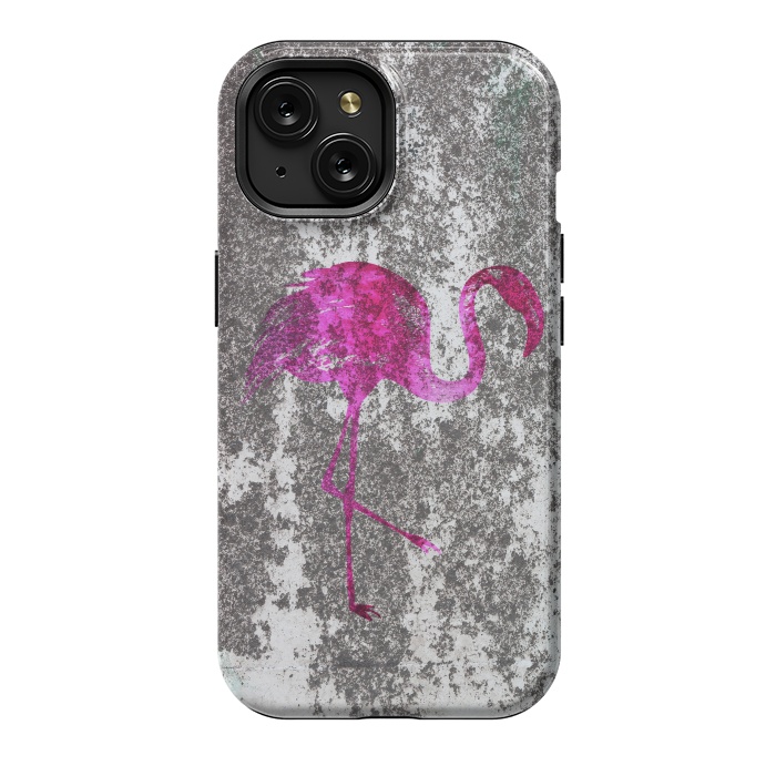 iPhone 15 StrongFit Pink Flamingo Bird On Grunge Wall by Andrea Haase