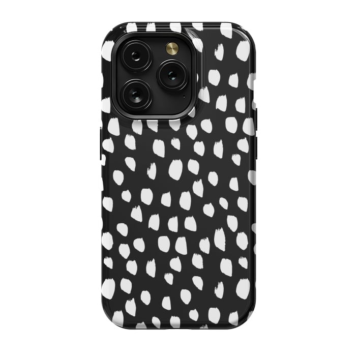 iPhone 15 Pro StrongFit Hand drawn crazy white polka dots on black by DaDo ART