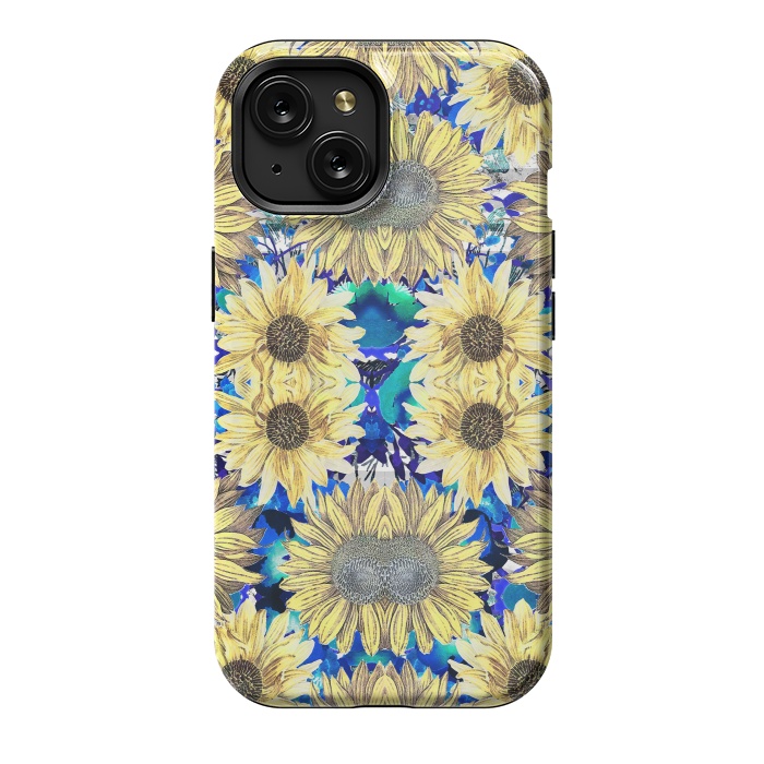 iPhone 15 StrongFit Watercolor painted sunflowers and blue foliage by Oana 