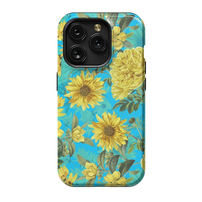 iPhone 15 Pro StrongFit Sunflowers and Yellow Roses on Teal Pattern by  Utart