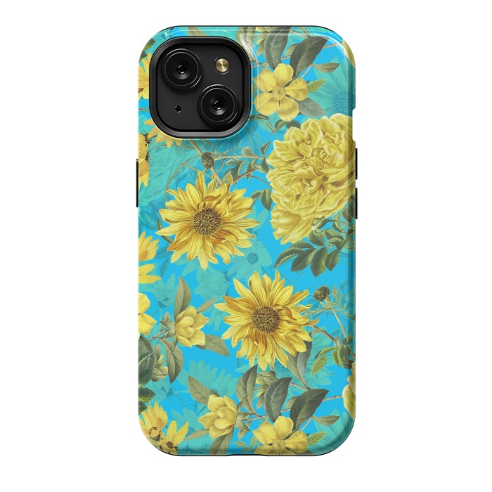 iPhone 15 StrongFit Sunflowers and Yellow Roses on Teal Pattern by  Utart