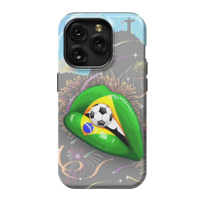 iPhone 15 Pro StrongFit  Brazil Flag Lipstick Soccer Supporters on Sensual Woman's Lips by BluedarkArt