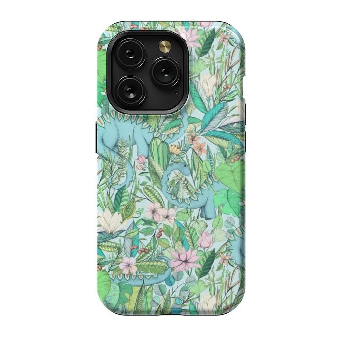 iPhone 15 Pro StrongFit Summer Floral with Dinosaurs by Micklyn Le Feuvre