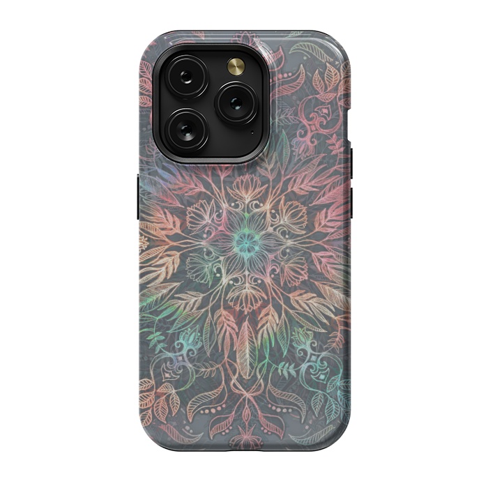iPhone 15 Pro StrongFit Winter Sunset Mandala in Charcoal, Mint and Melon by Micklyn Le Feuvre