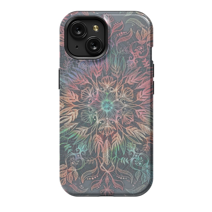 iPhone 15 StrongFit Winter Sunset Mandala in Charcoal, Mint and Melon by Micklyn Le Feuvre