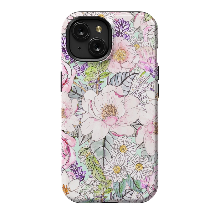 iPhone 15 StrongFit Watercolor garden peonies floral hand paint  by InovArts