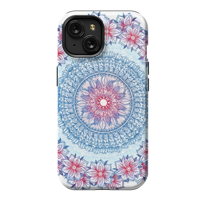 iPhone 15 StrongFit Red, White and Blue Floral Mandala by Micklyn Le Feuvre