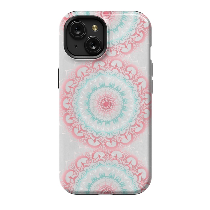iPhone 15 StrongFit Faded Coral & Mint Mandalas on Grey by Tangerine-Tane