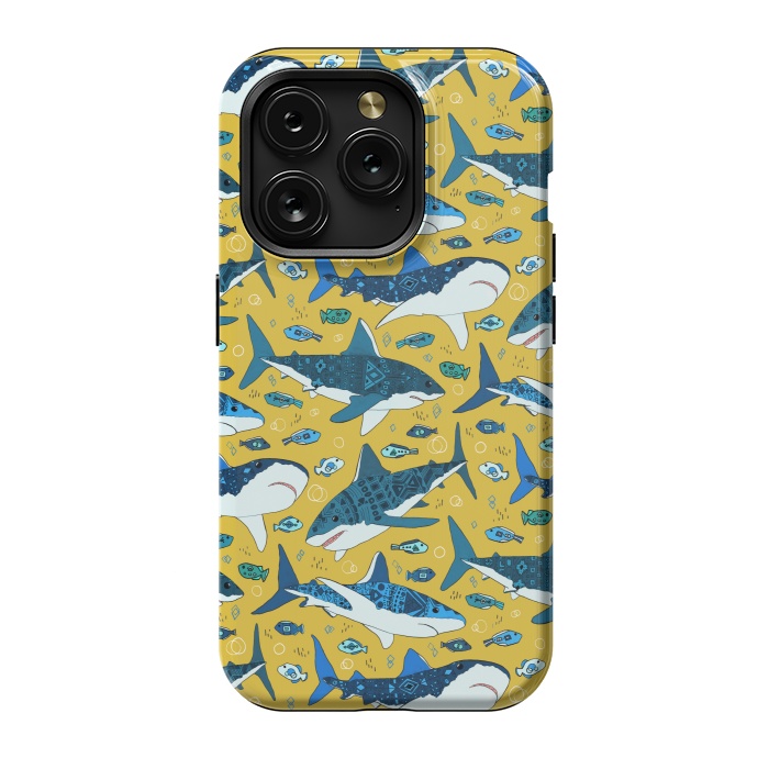 iPhone 15 Pro StrongFit Tribal Sharks & Fish On Mustard by Tigatiga