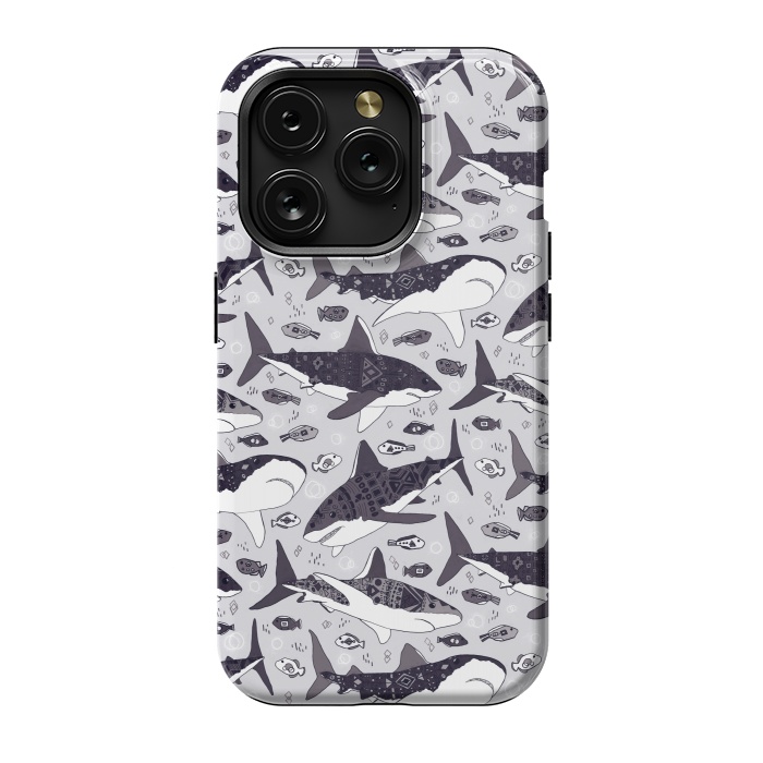 iPhone 15 Pro StrongFit Black & White Tribal Sharks & Fish  by Tigatiga
