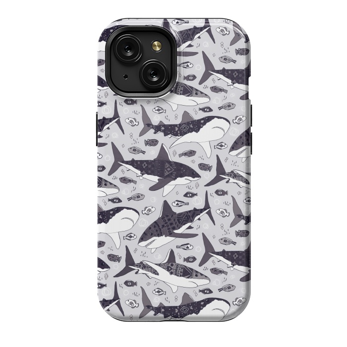 iPhone 15 StrongFit Black & White Tribal Sharks & Fish  by Tigatiga