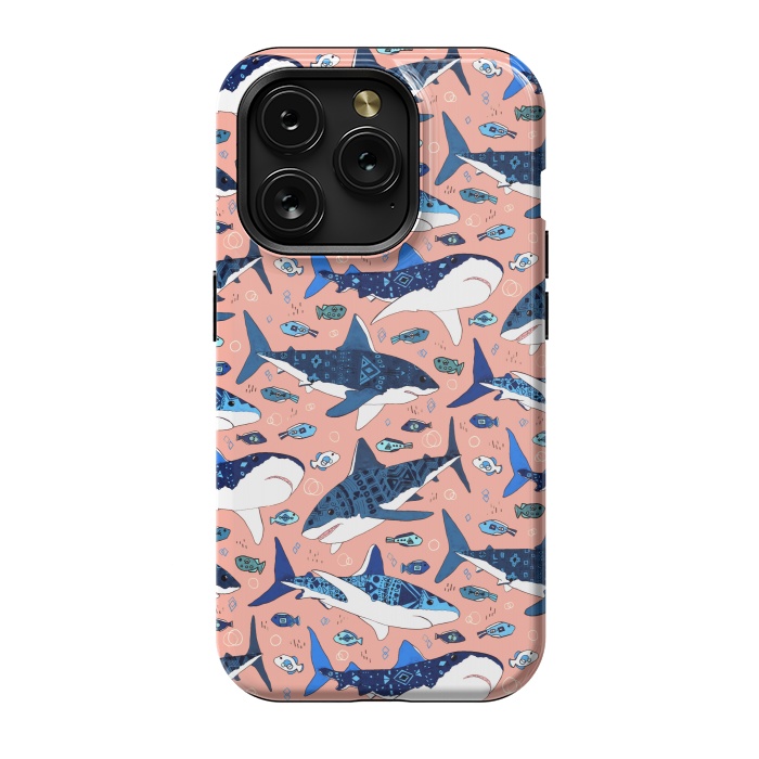 iPhone 15 Pro StrongFit Tribal Sharks & Fish On Pink by Tigatiga