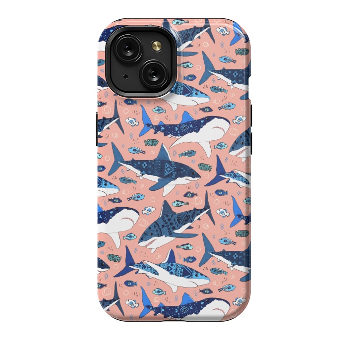 iPhone 15 StrongFit Tribal Sharks & Fish On Pink by Tigatiga