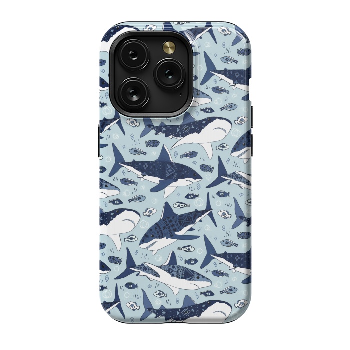 iPhone 15 Pro StrongFit Tribal Sharks & Fish On Baby Blue  by Tigatiga