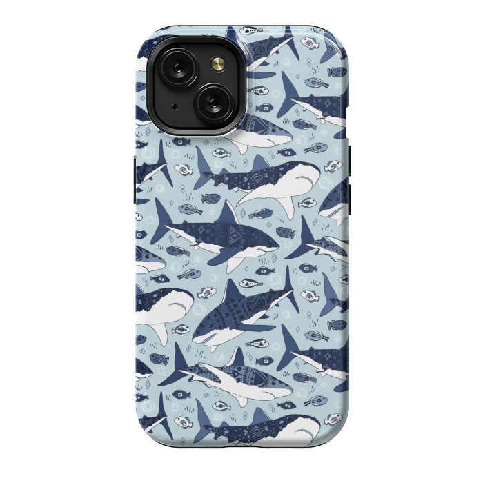 iPhone 15 StrongFit Tribal Sharks & Fish On Baby Blue  by Tigatiga
