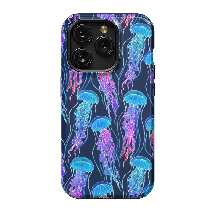 iPhone 15 Pro StrongFit Luminescent Rainbow Jellyfish on Navy Blue by Micklyn Le Feuvre