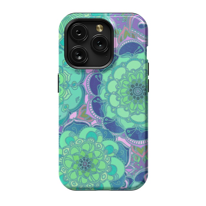 iPhone 15 Pro StrongFit Fantasy Flowers in Mint Green & Purple 2 by Micklyn Le Feuvre