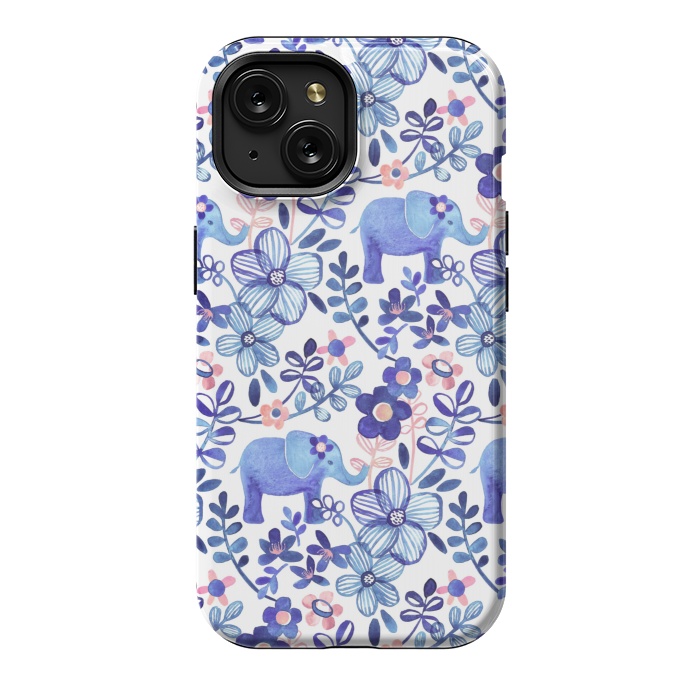 iPhone 15 StrongFit Little Purple Elephant Watercolor Floral on White by Micklyn Le Feuvre