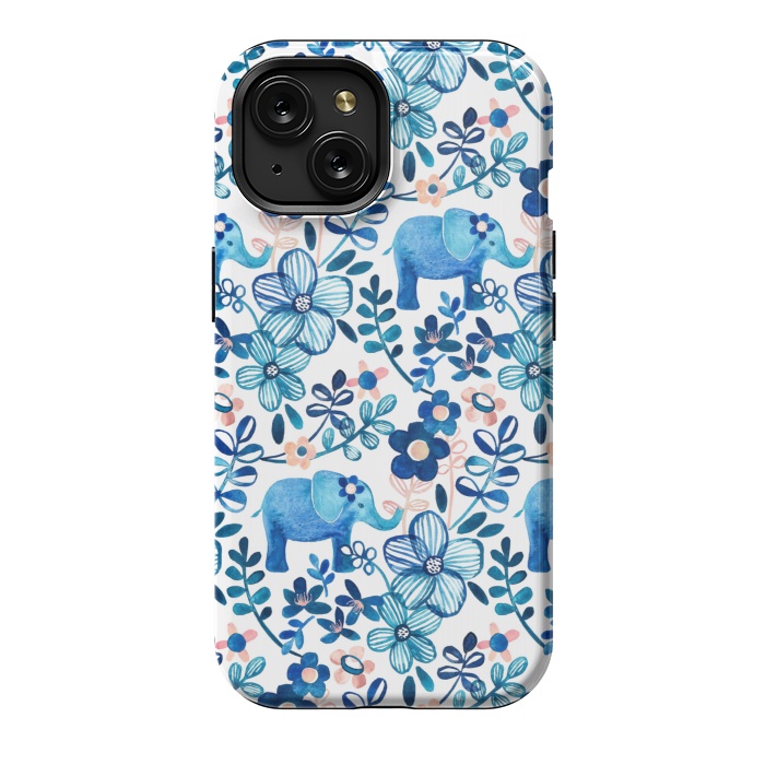 iPhone 15 StrongFit Little Blue Elephant Watercolor Floral on White by Micklyn Le Feuvre