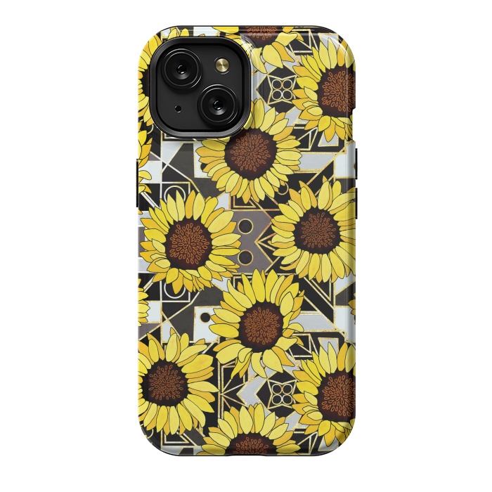iPhone 15 StrongFit Sunflowers & Geometric Gold, Black & White Background  by Tigatiga