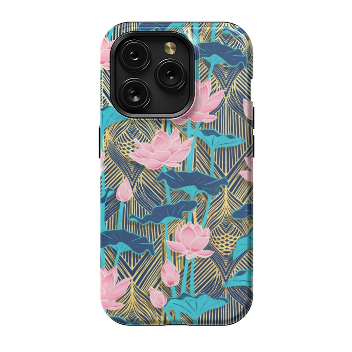 iPhone 15 Pro StrongFit Art Deco Lotus Flowers in Pink & Navy by Micklyn Le Feuvre