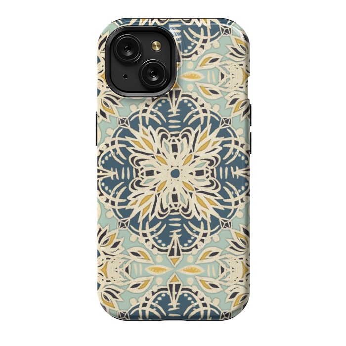 iPhone 15 StrongFit Protea Pattern in Deep Teal, Cream, Sage Green & Yellow Ocher by Micklyn Le Feuvre